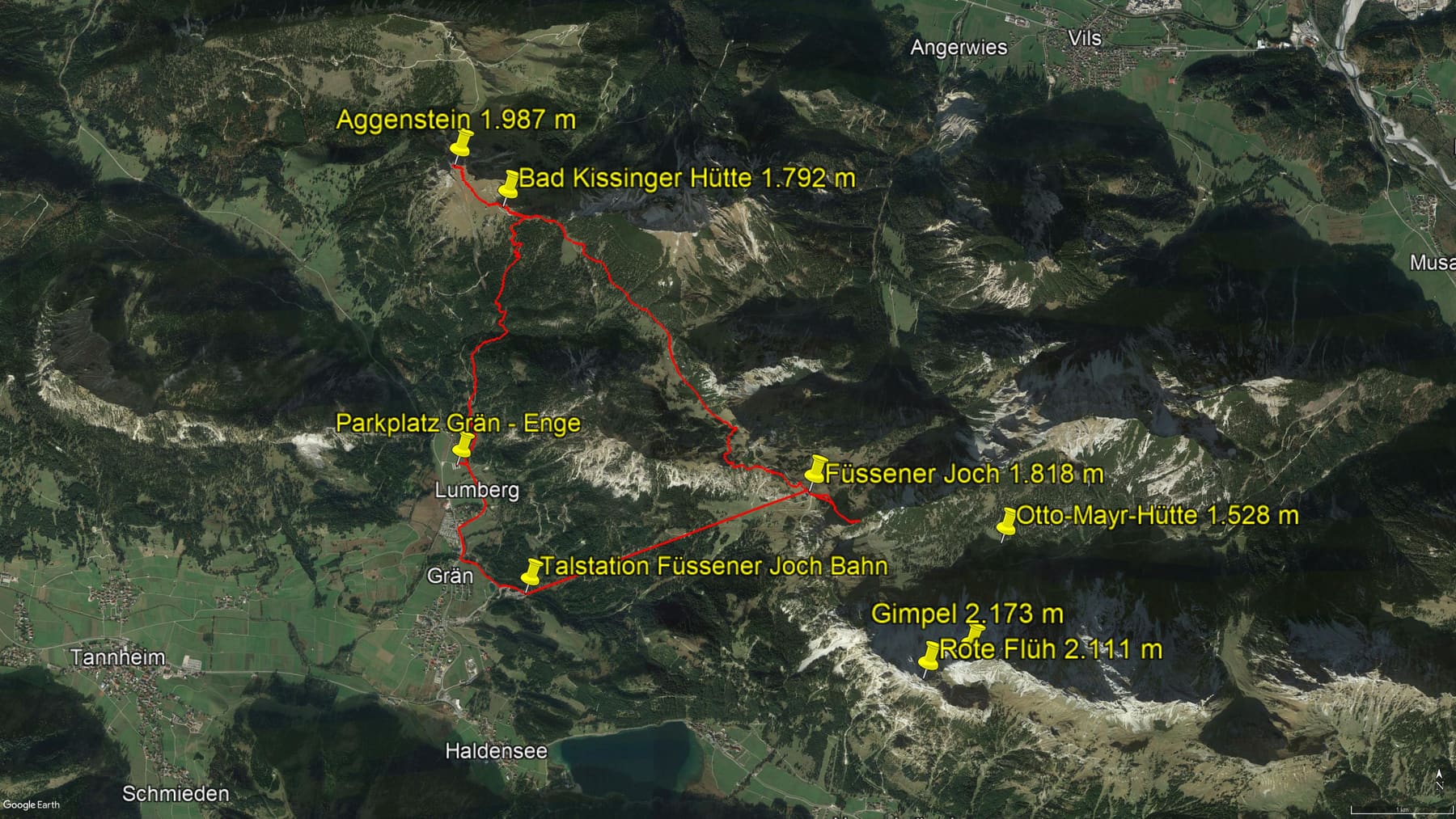 Karte der Route: Wanderung im Tannheimer Tal: Grän – Bad Kissinger Hütte – Aggenstein – Gräner Höhenweg – Füssener Joch