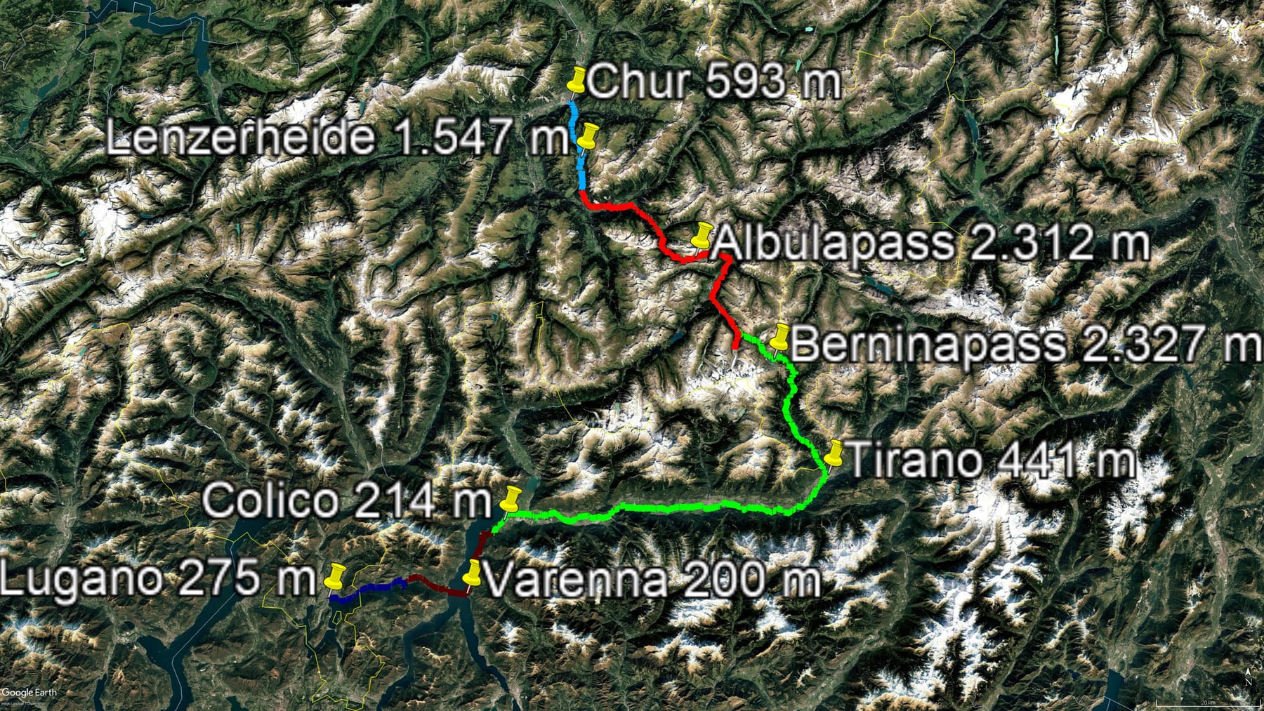 Karte der Route: Radtour von Graubünden über den Albula- und Berninapass an den Comer See und den Luganer See