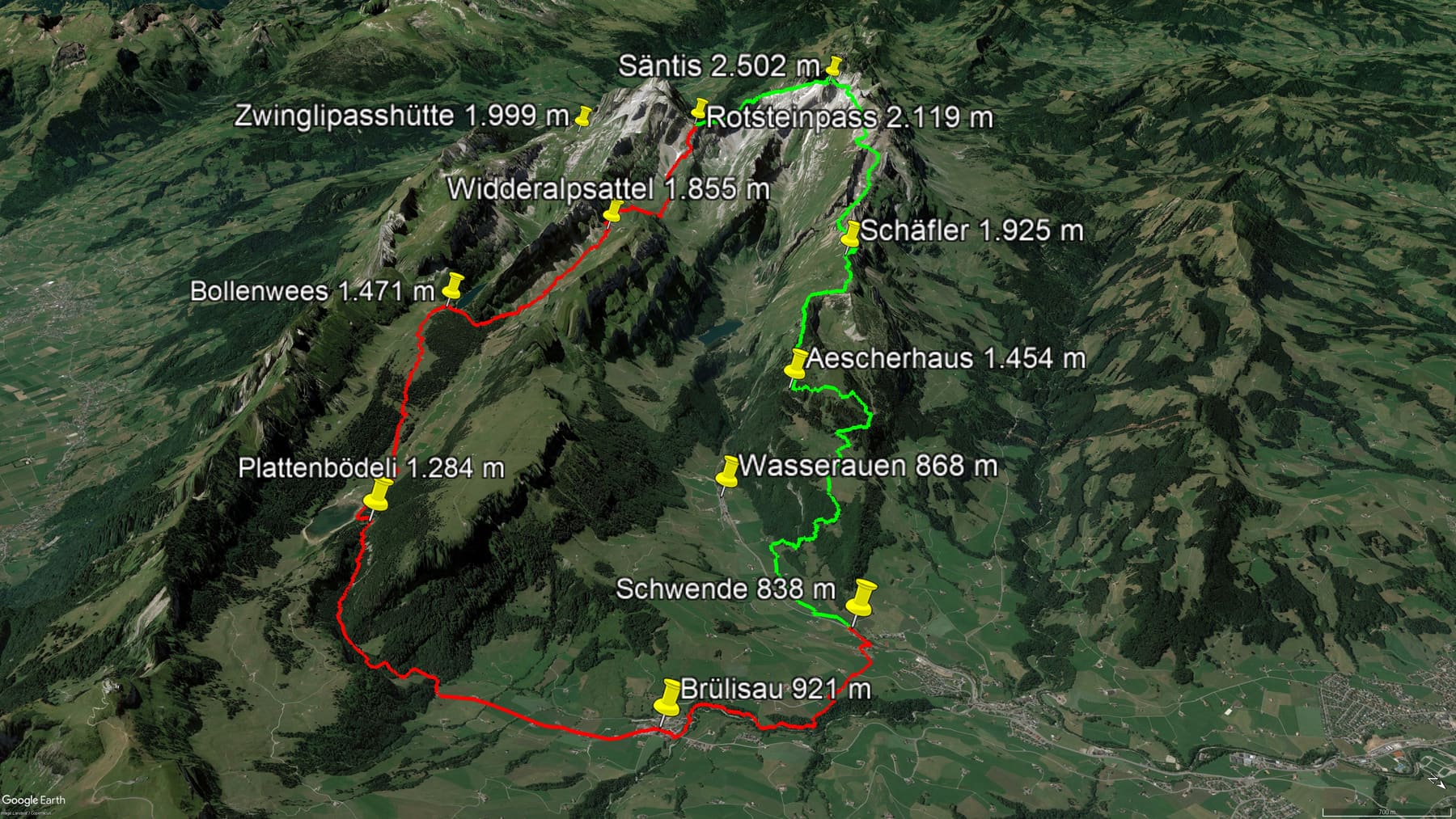 Karte der Route: Große Alpsteinrunde in 2 Tagen über den Säntis mit Lisengrat und Rotsteinpass