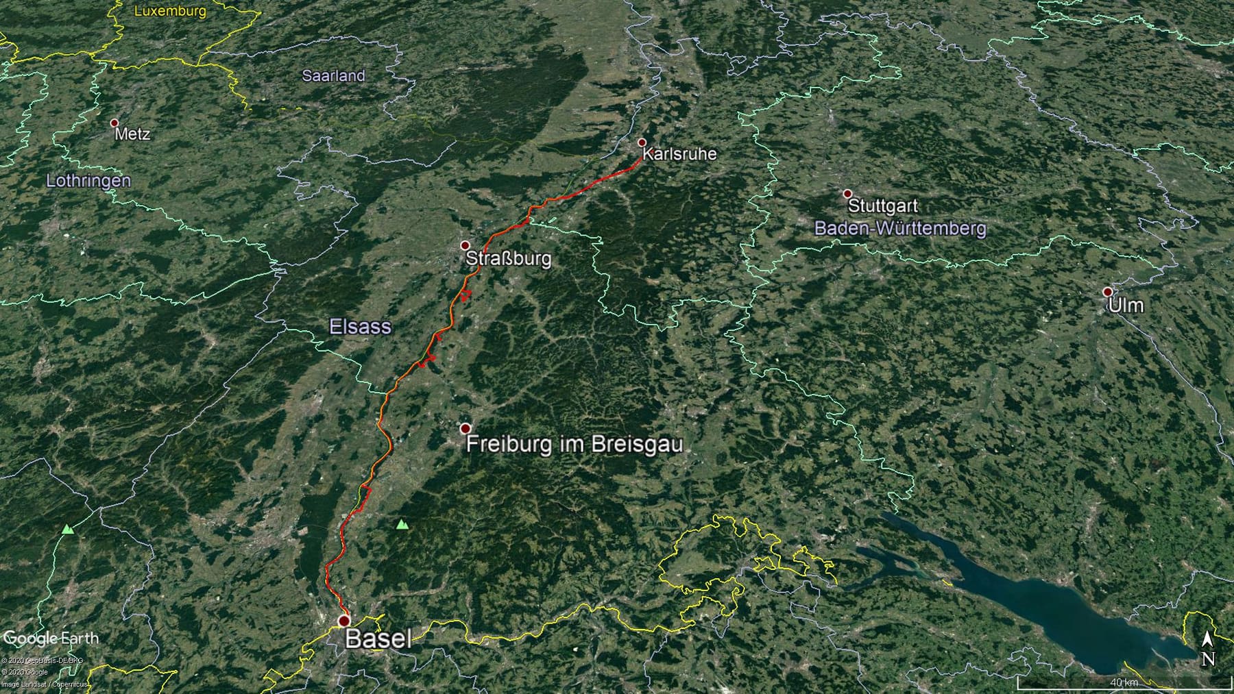 Karte der Route: Radtour Basel – Karlsruhe: Rheinradweg Rheinroute D-Route 8