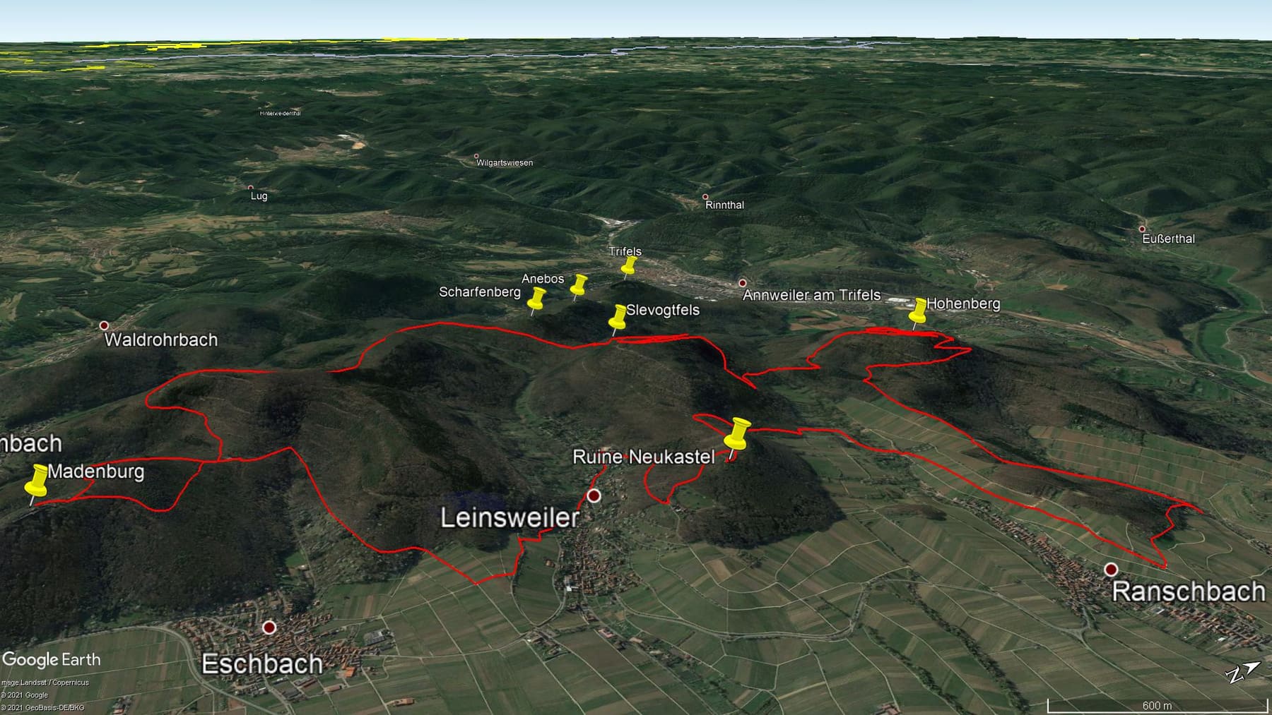 Karte der Route: Rundwanderung im Trifels-Land bei Annweiler: Neukastell, Madenburg, Slevogtfelsen und Hohenberg