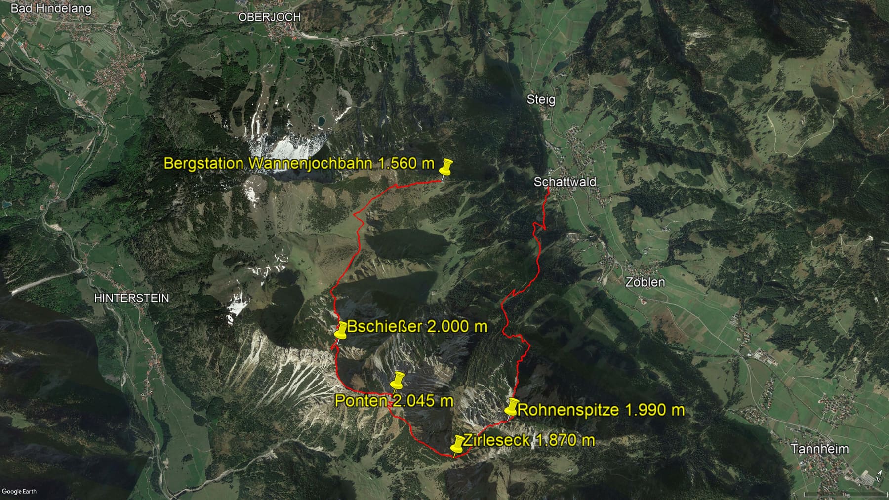 Karte der Route: Wanderung im Tannheimer Tal: Schattwald – Bschießer – Ponten – Zirleseck – Rohnenspitze