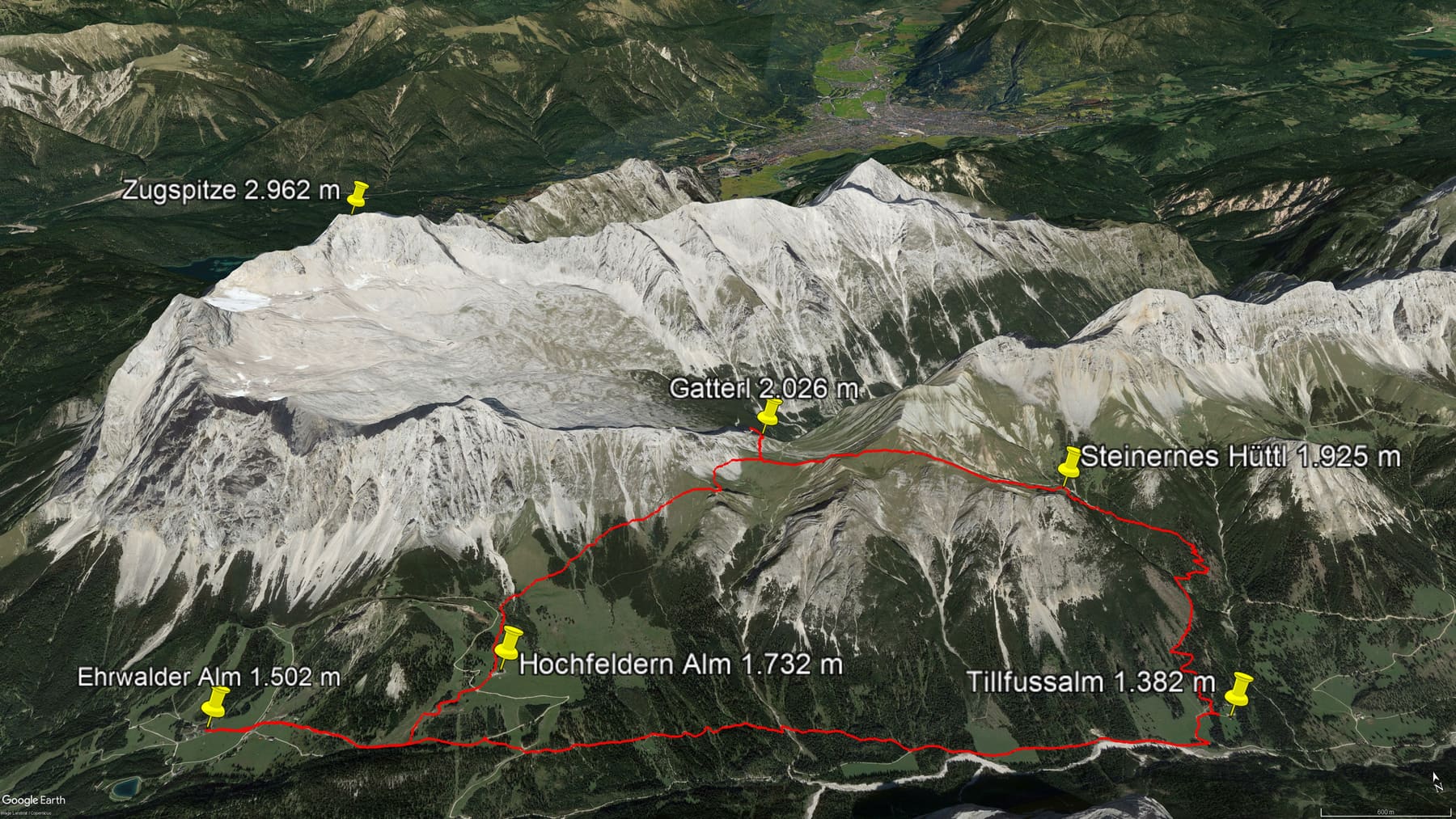Karte der Route: Wanderung zum Zugspitzblick am Gatterl und der urigen Einkehr Steinernes Hüttl bei Ehrwald