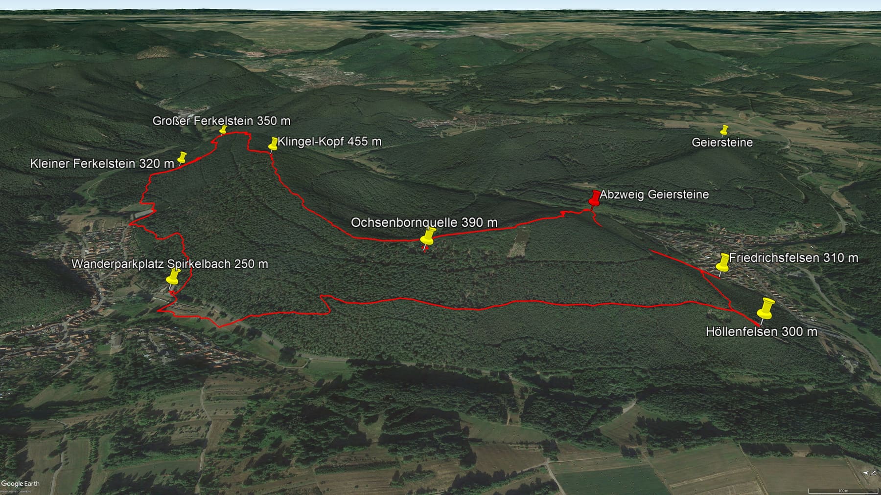 Karte der Route: Pfälzer Wald Wanderung Höllenberg-Tour Spirkelbach – Felsen, Steine, Aussicht