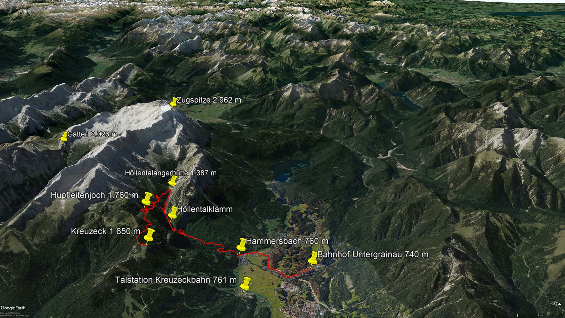 Karte der Route: Wanderung durchs imposante Höllental mit tosender Höllentalklamm zum Kreuzeck bei Garmisch