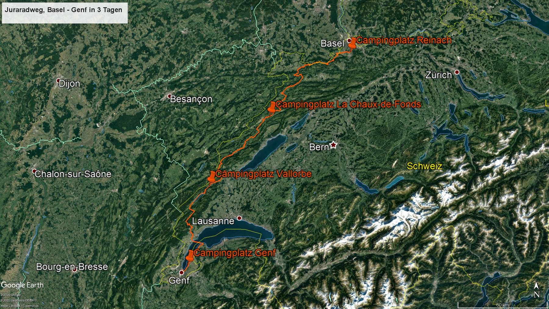 Karte der Route: Jura-Route / Jura-Radweg: Basel – Nyon – Genf