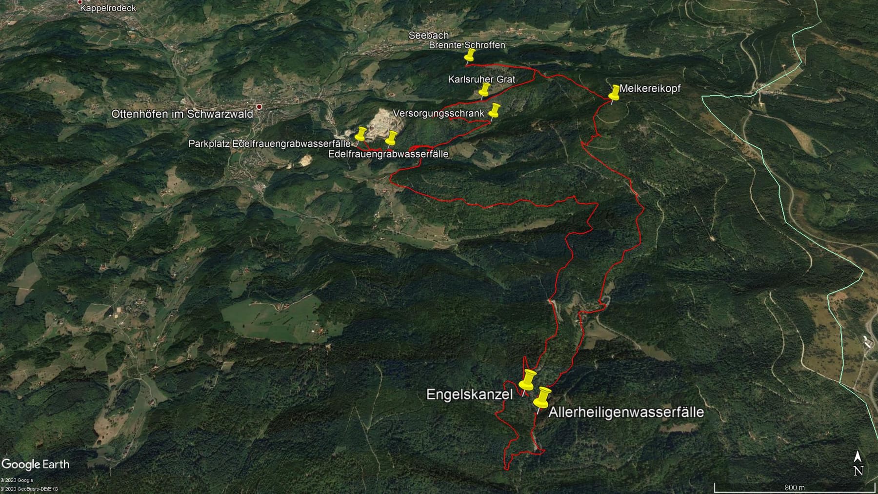 Karte der Route: Wanderung im Nordschwarzwald: Ottenhöfen – Karlsruher Grat – Melkereikopf – Allerheiligen-Wasserfälle