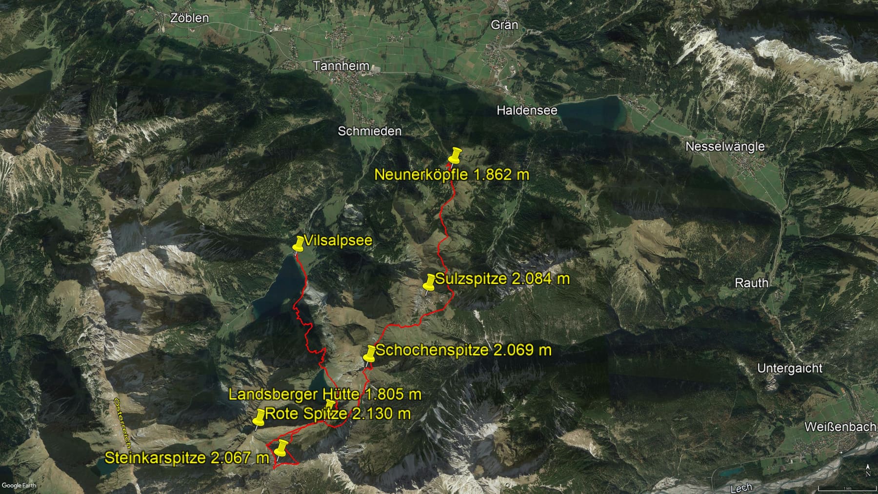 Karte der Route: Wanderung im Tannheimer Tal: Neunerköpfle – Schochenspitze – Landsberger Hütte – Steinkarspitze – Vilsalpsee