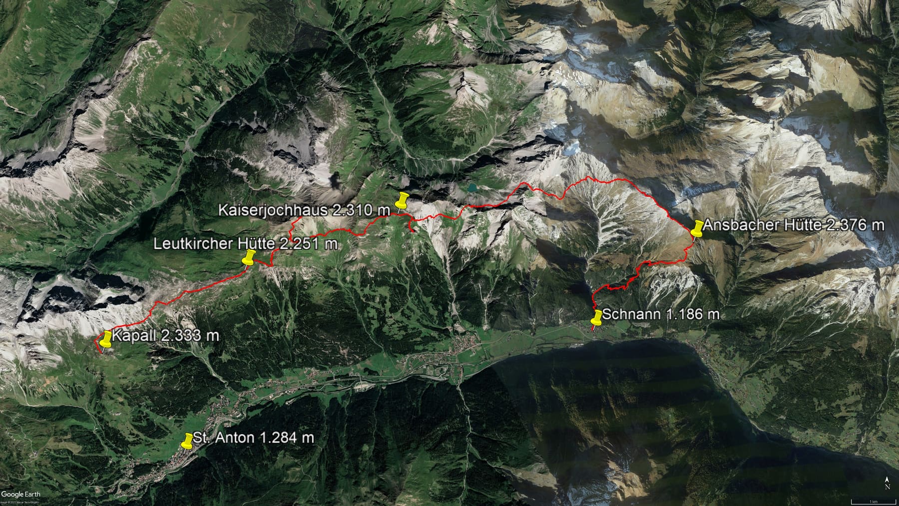 Karte der Route: Lechtaler Höhenweg: Hüttentour mit Leutkircher Hütte, Kaiserjochhaus und Ansbacher Hütte
