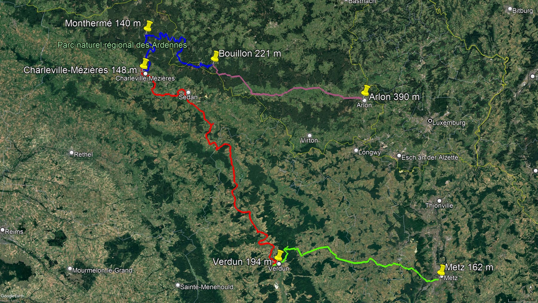 Karte der Route: Radtour von Lothringen über Verdun entlang des Maasradwegs ins Tal der Semois in den Ardennen