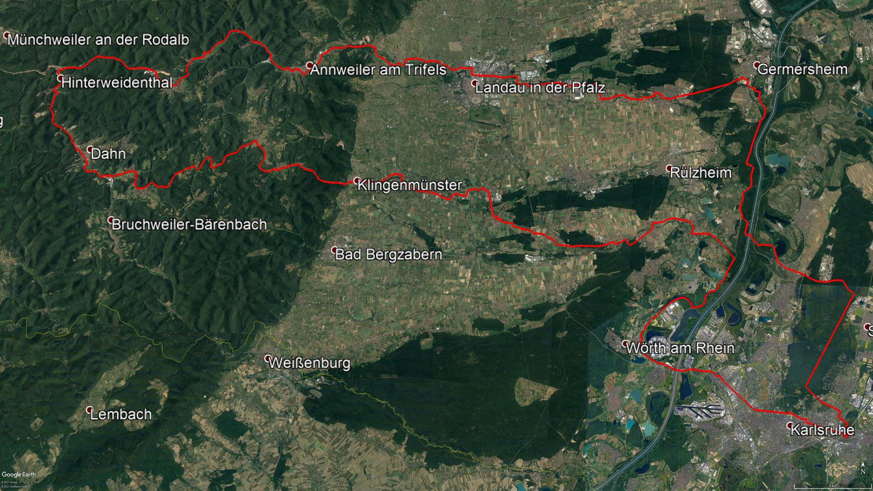 Karte der Route: Radtour Pfälzer Wald: 180-km-Tagesrunde von Karlsruhe durch das Dahner Felsenland
