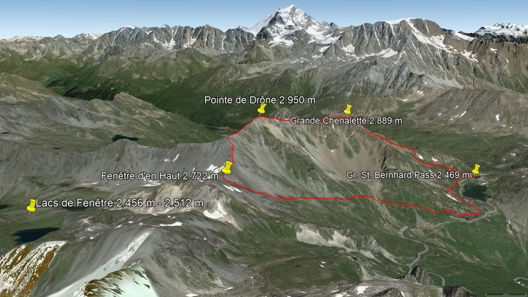 Karte der Route: Gipfel-Wanderung Pointe de Drône am Großen St. Bernhard mit Mont-Blanc-Panorama (Aostatal)