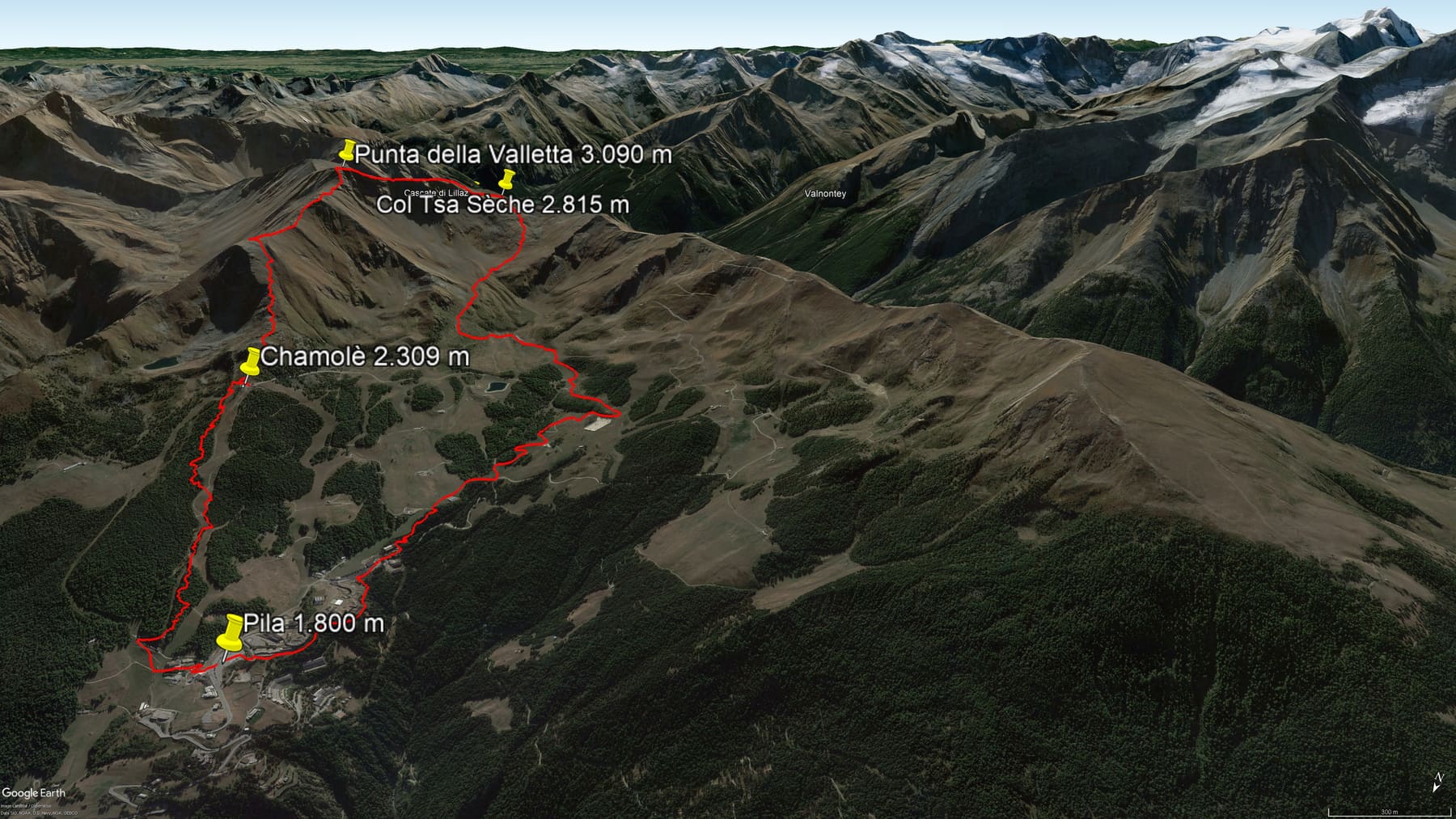 Karte der Route: Klettersteig auf die Punta della Valletta (3.090 m) von Pila mit Panorama auf zahlreiche Viertausender