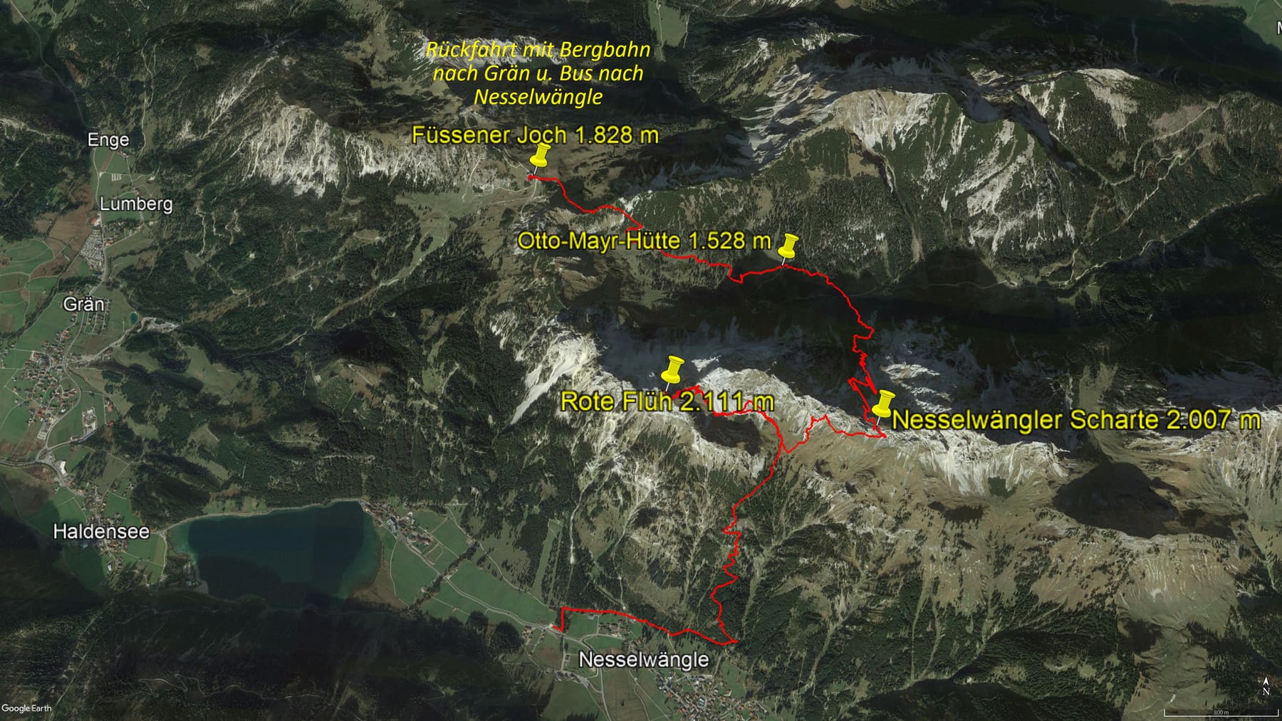 Karte der Route: Wanderung im Tannheimer Tal: Nesselwängle – Gimpelhaus – Rote Flüh – Nesselwängler Scharte – Otto-Mayr-Hütte