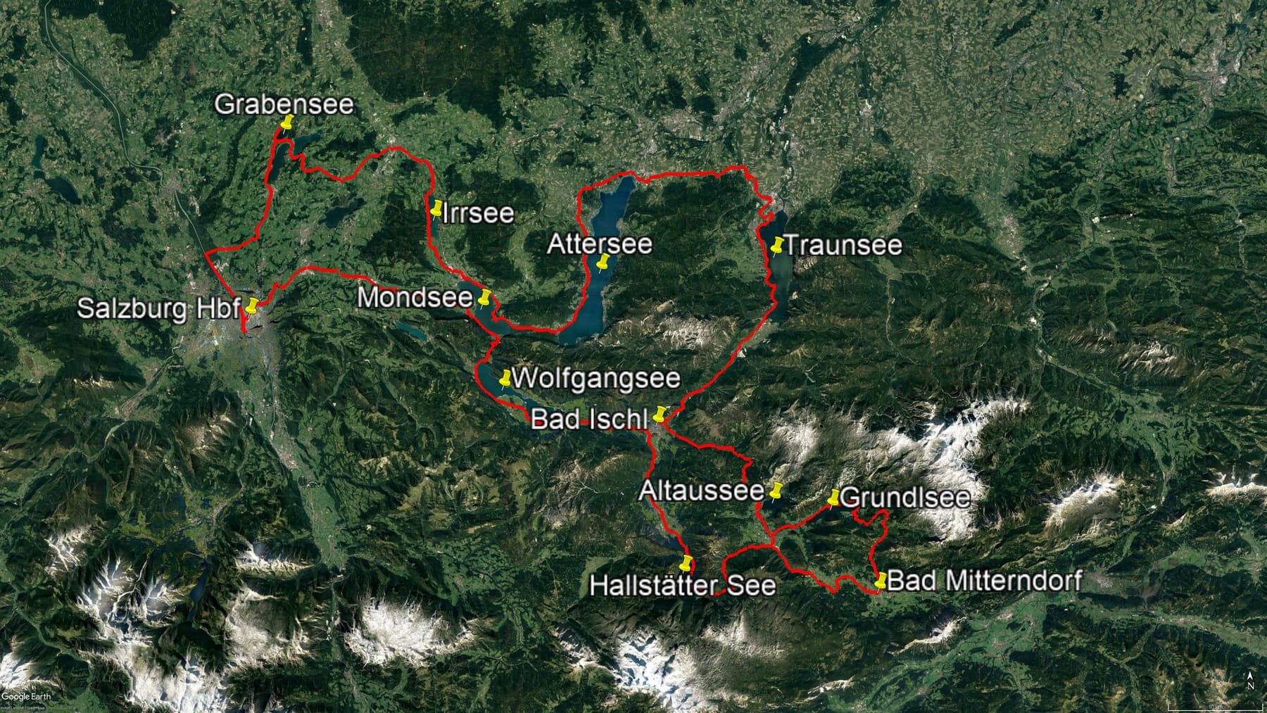 Karte der Route: Salzkammergut-Radweg: 4-Tages-Rundtour von Salzburg über Wolfgangsee, Hallstätter See und Attersee