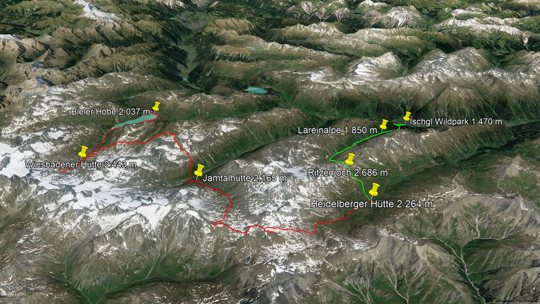 Karte der Route: Hüttentour in der Silvretta mit drei Dreitausendern: Ischgl – Heidelberger Hütte – Jamtalhütte – Bielerhöhe