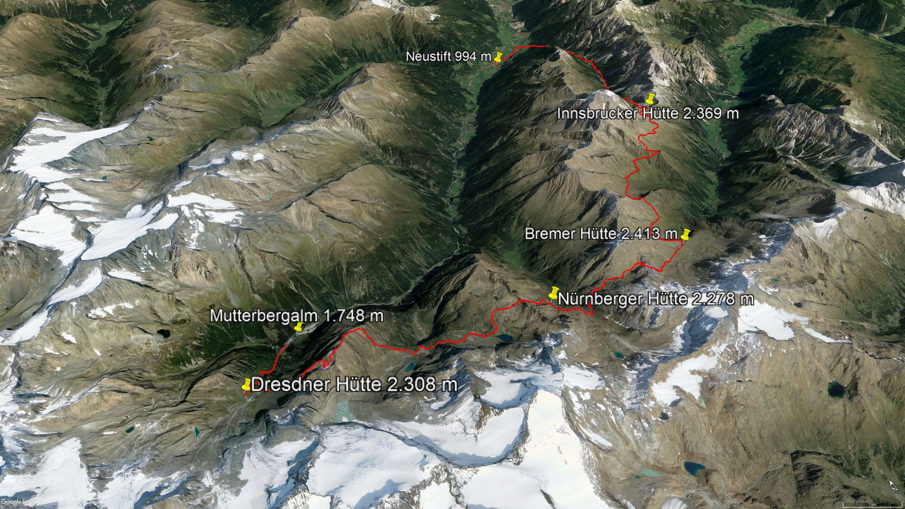 Karte der Route: Stubaier Höhenweg: Fünftagestour von der Dresdner Hütte zur Innsbrucker Hütte