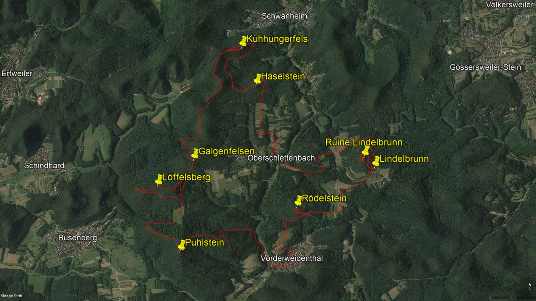 Karte der Route: Wasgau-Felsenweg bei Vorderweidenthal und Oberschlettenbach im Pfälzer Wald