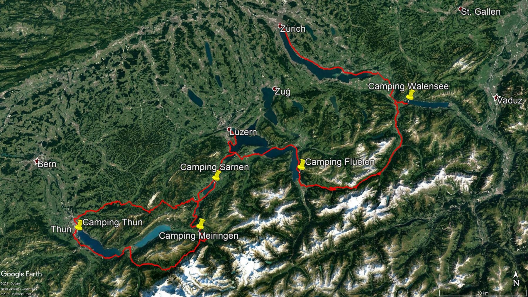 Karte der Route: Bikepacking Trans-Schweiz: Von Zürich nach Luzern über den Klausenpass, die Große Scheidegg und die Berner Voralpen